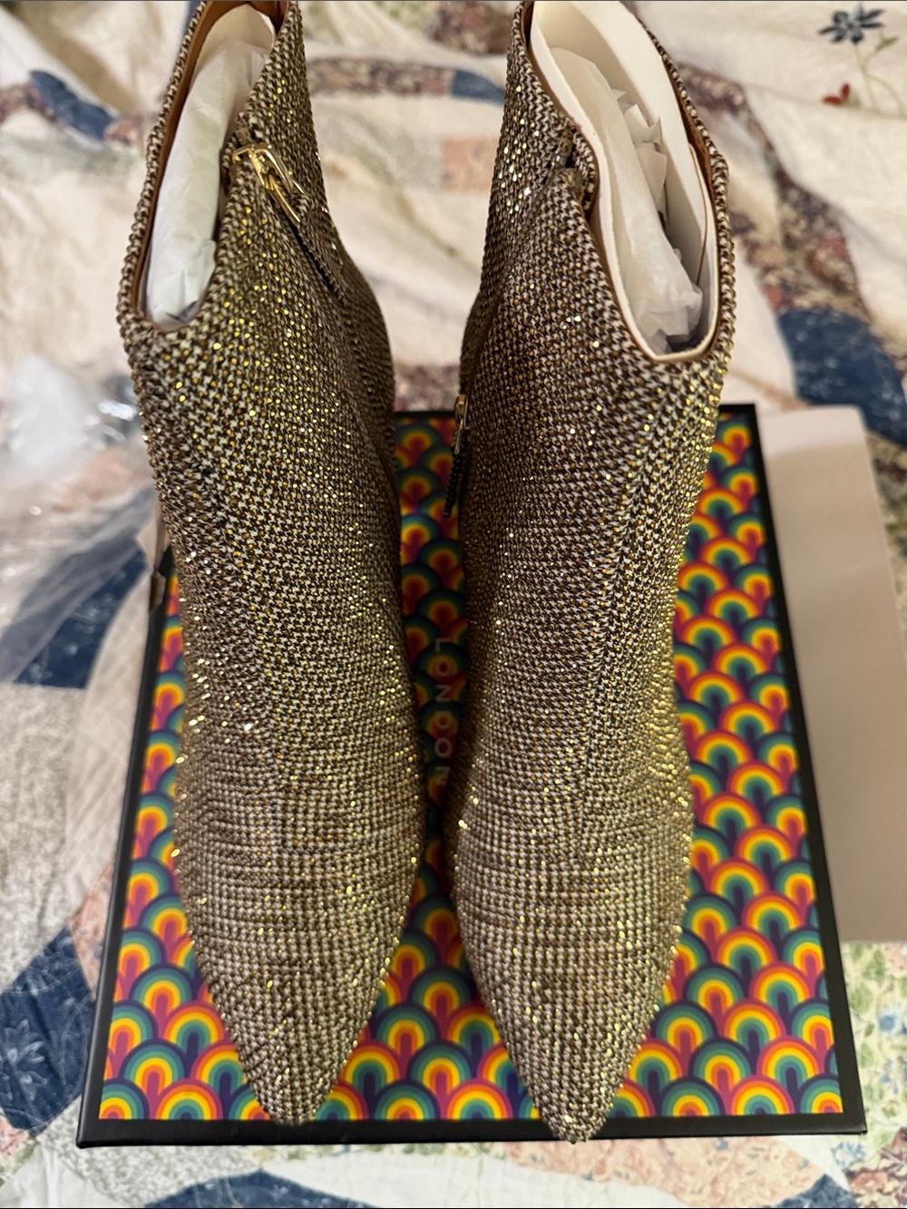 Kurt Geiger Gold Crystal Pointed Toe Ankle Boots